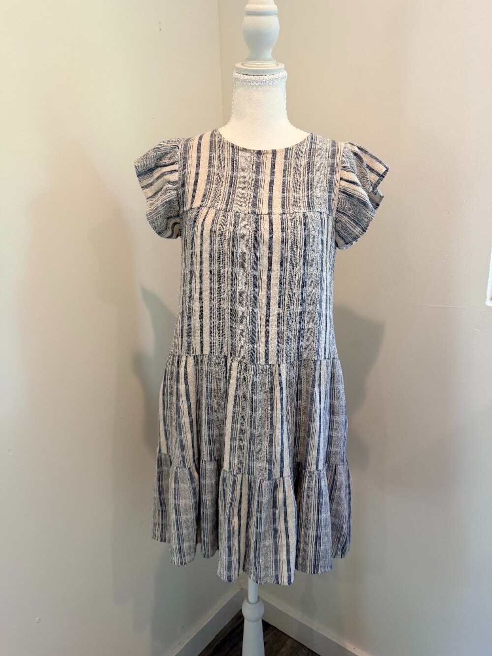 The Impeccable Pig Blue and White Stripped Cotton Knee Length Dress Size S